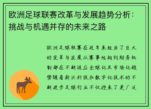 欧洲足球联赛改革与发展趋势分析：挑战与机遇并存的未来之路