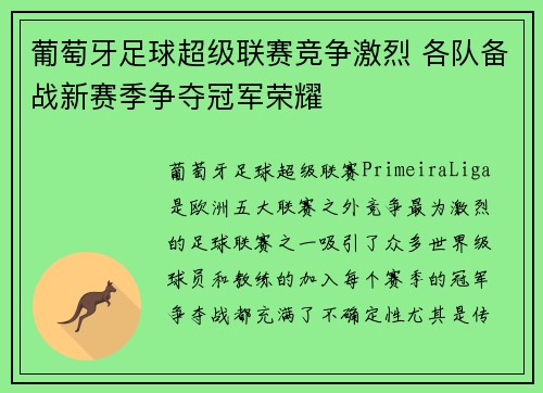 葡萄牙足球超级联赛竞争激烈 各队备战新赛季争夺冠军荣耀 葡萄牙足球超级联赛竞争激烈 各队备战新赛季争夺冠军荣耀